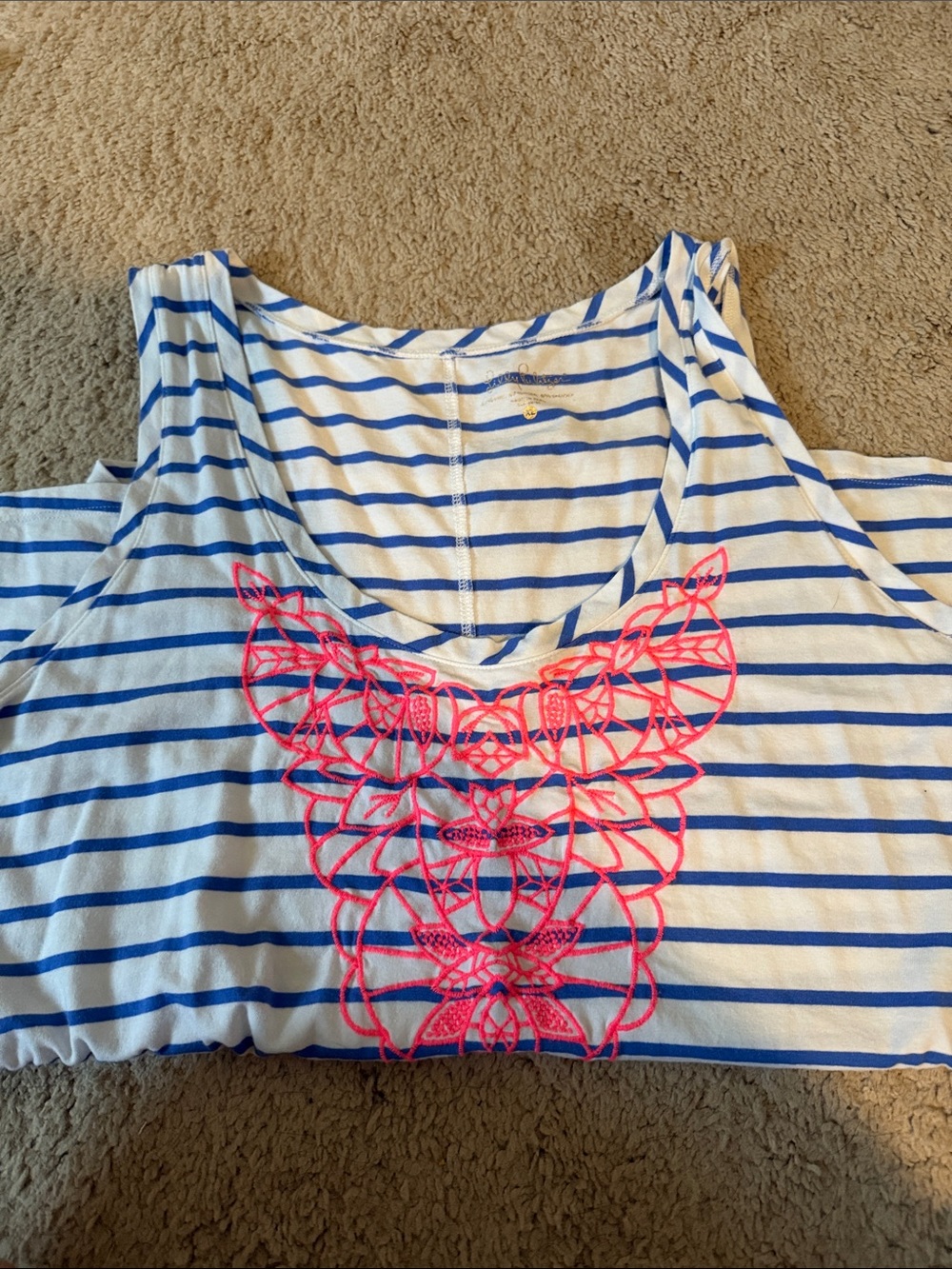 Lilly Pulitzer White and Blue Striped Tee with Gold Logo